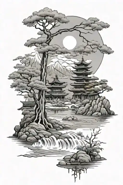 Japanese Landscape With Trees And Water