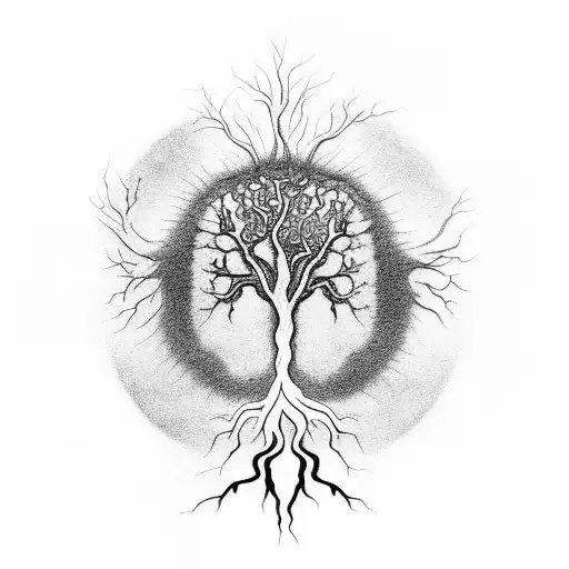 A Detailed Black And Grey Tattoo Of A Tree Of Life With Roots Spreading Across The Earth's Surface