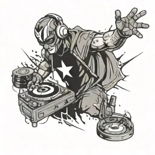 A Black-grey Tattoo Of A Marvel Superhero Djing At A Concert With A Crowd Of Fans In The Background