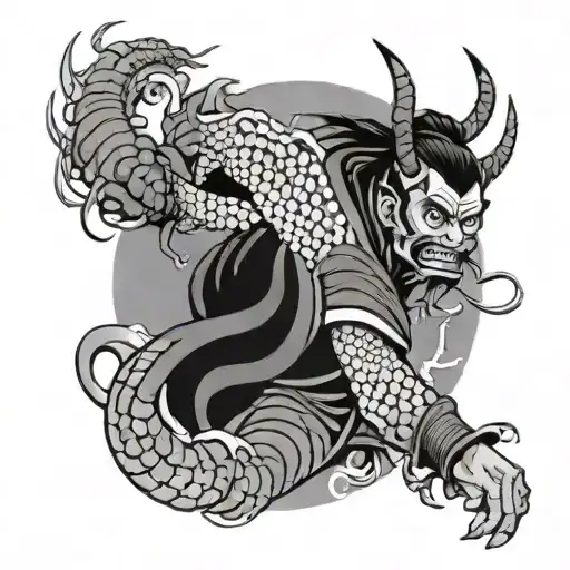 Oni Samurai With Japanese Dragon Breathing Fire