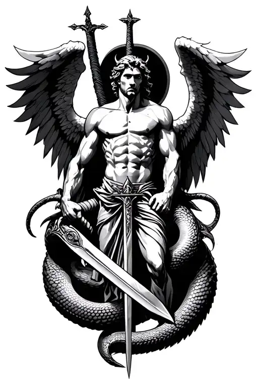 Archangel Michael Slaying Serpent With Sword
