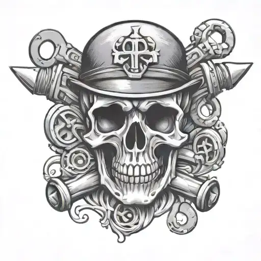 Skull And Pistons Like Crossbones Floating