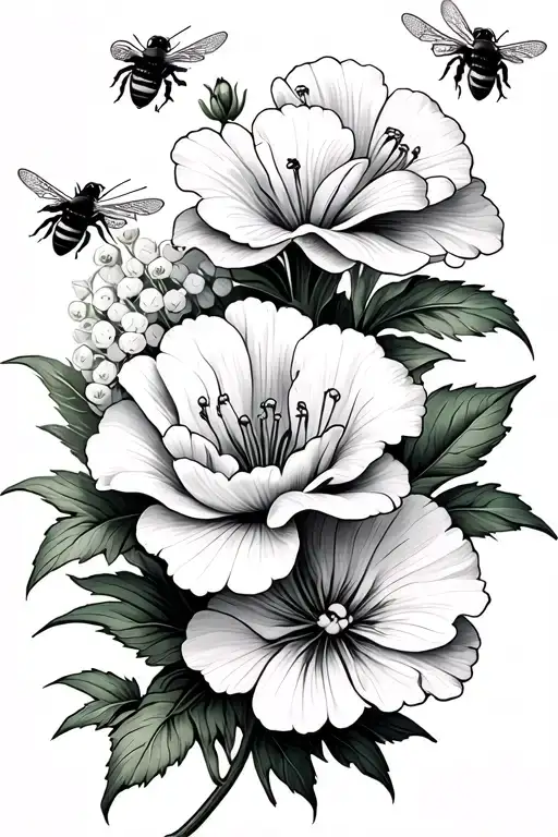 Bees Flying Around Carnations And Lilly Of The Valley Plant