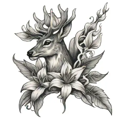 Deer With Lilies With A Storm And A Rocket