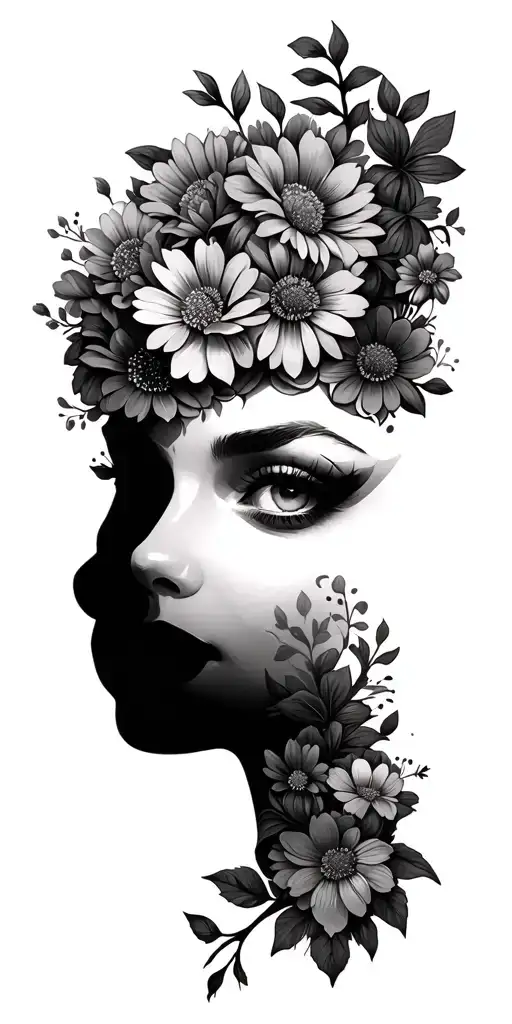 Womans Face With Flowers Covering Her Head