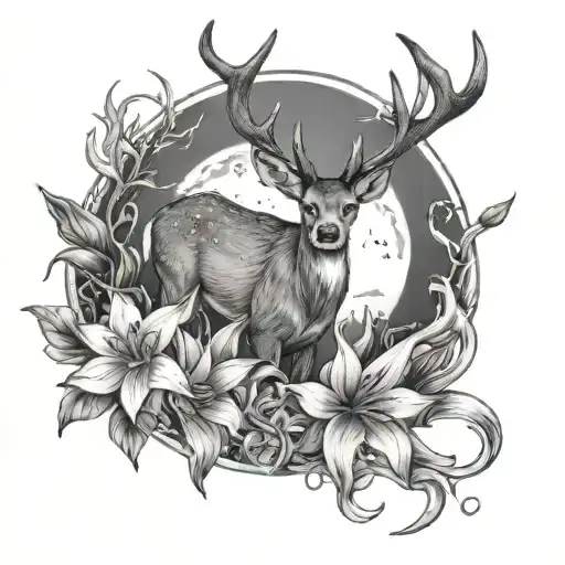 Deer With Lilies And Moon