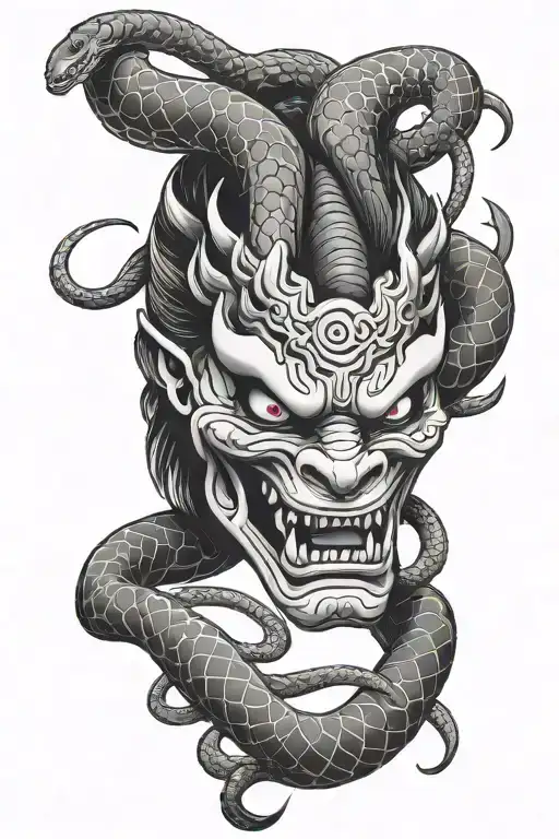 Japanese Demon Mask And Snake Slithering