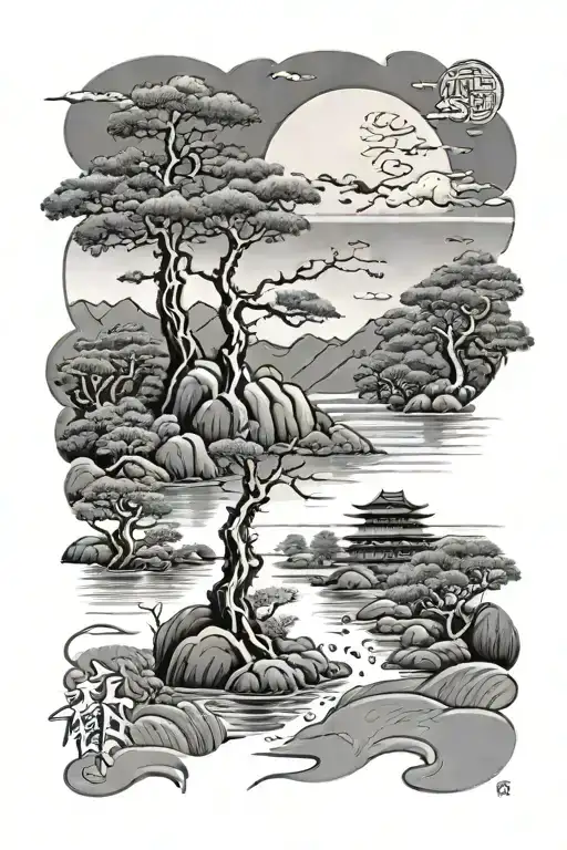 Japanese Landscape With Trees And Water With A Blood Moon