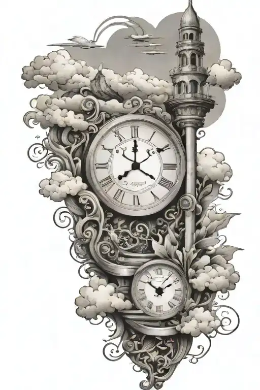 Clock And Stairs Made Of Scrolls With Lake And Mountains And Clouds