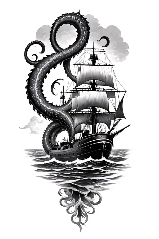 Kraken Fighting Poseidon With Submarine And Old Sailing Ship