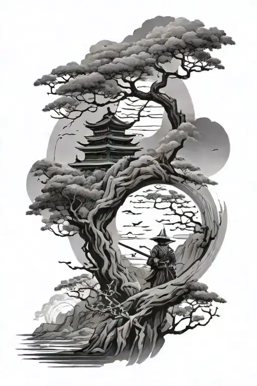 Japanese Style Landscape With Samurai