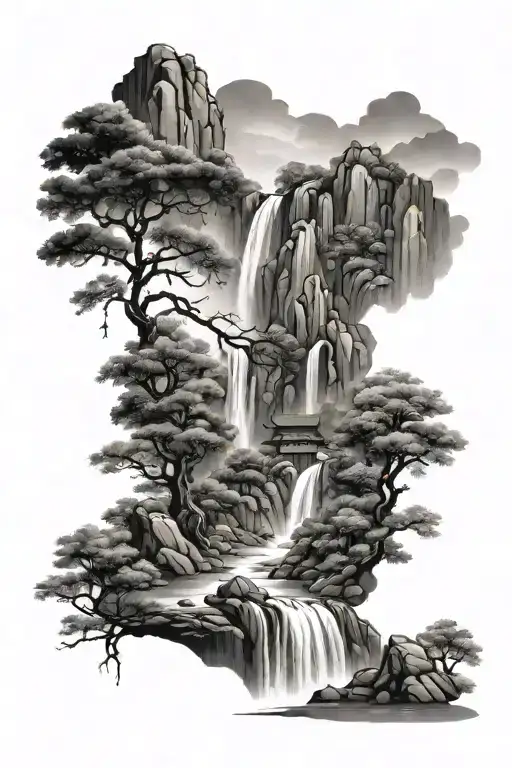 Chinese Style Landscape With Waterfall And Trees