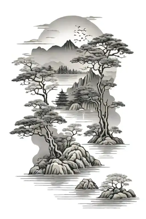 Japanese Style Landscape With Water And Trees