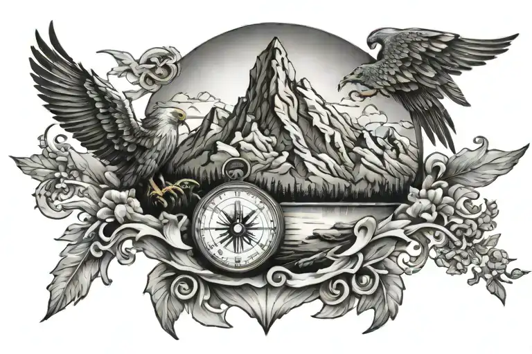 Mountain Landscape With Eagle Globe Anchor And Compass Rose