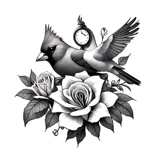 Roses And Lillys With A Cardinal And Dove With A Hour Glass