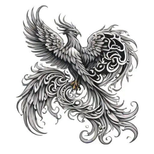 A Phoenix Made Of Black And Grey Flames Engulfing A Mother Figure