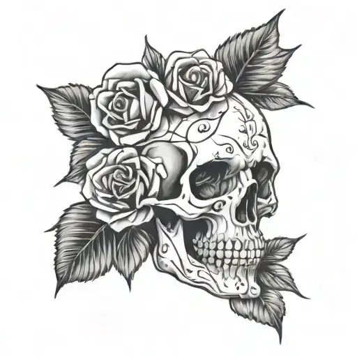 Skull Facing Up Front And Roses