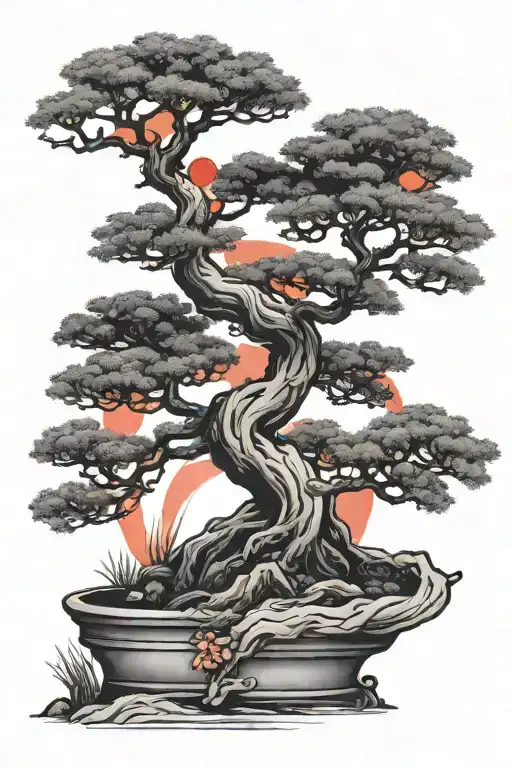 Bonsai Tree With Red Sun