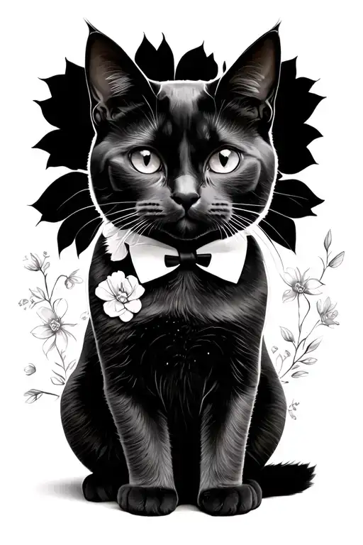 Tuxedo Cat Sitting With Floral Patterns
