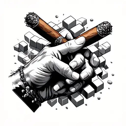 Hand Holding A Cigar With The Hand Broking In Multiple Pieces Of A 3D Blocks