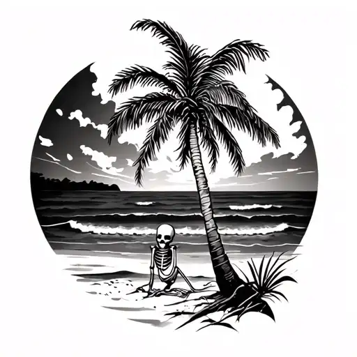 Palm Tree In The Beach With A Skeleton Leaning Against It