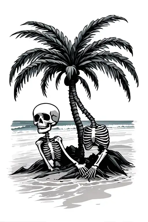 Palm Tree In The Beach With A Skeleton Leaning Against It