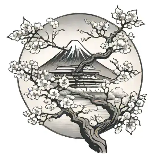 Cherry Blossom Tree With Mount Fuji