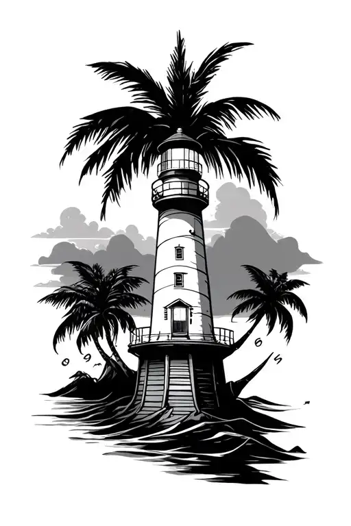 Compass With A Light House And Palm Trees