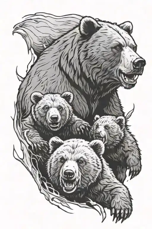 Black Sketch With A Screaming Male Bear And A Small Bear Cub