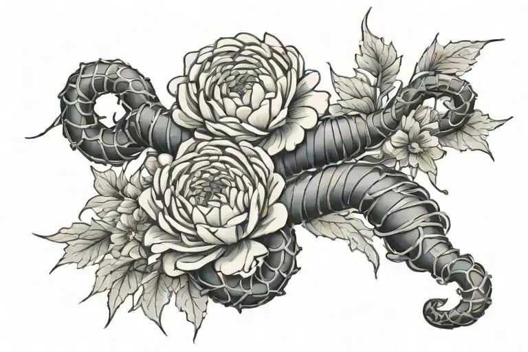 Chrysanthemum Wrapped Around A Barbed Wire With A Snake Around