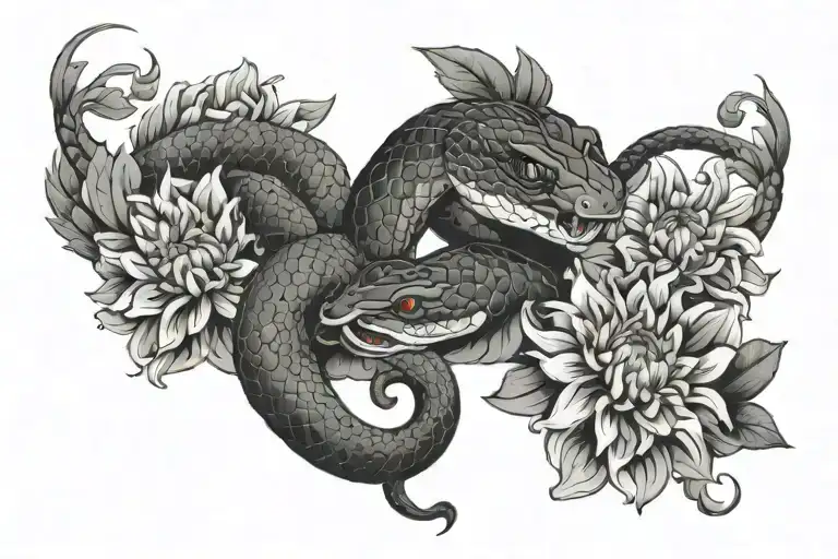 Snake Wrapped Around A Chrysanthemum Flower