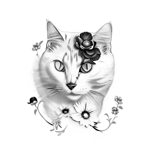White Calico Cat With Flowers