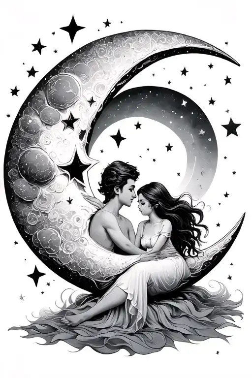Man And Girl Sitting A Crescent Moon Surrounded By Stars