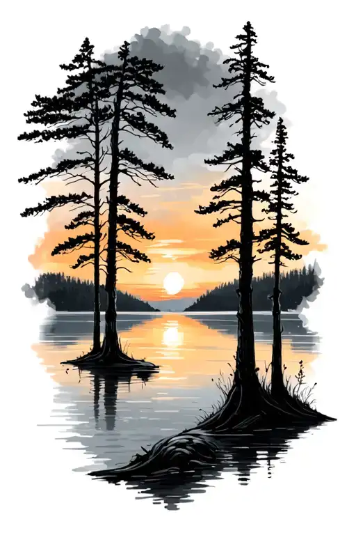 Trees Colors Sunset Over Lake