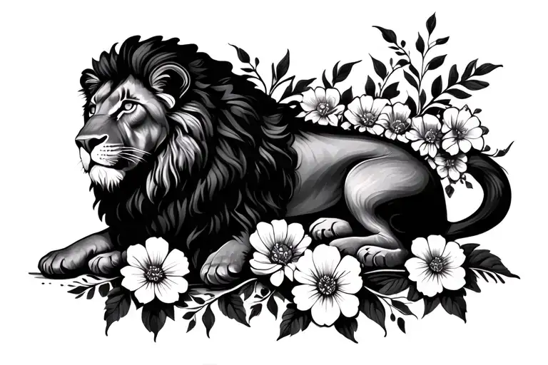 Lion Laying On Flowers Intertwined