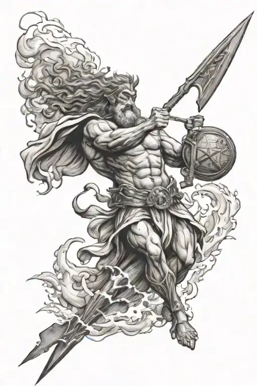 Poseidon Shooting Lightning Up With His Trident And A Boat Below Him In The Storming Ocean
