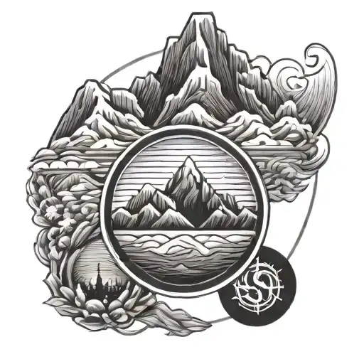 Annapurna Mountain Inside A Circle With The Flag Of The 5 Elements