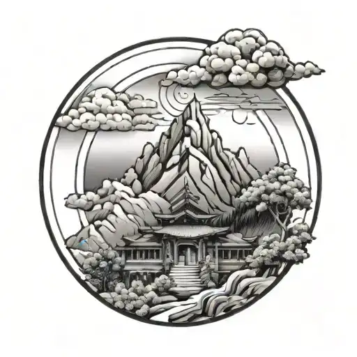 Annapurna Mountain Inside A Circle With A Small Temple