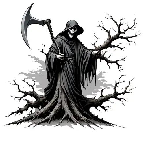 Dead Oak Tree That Has A Grim Reaper Holding A Scythe