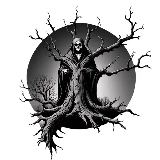 Dead Oak Tree With A Grim Reaper In The Design Of The Tree