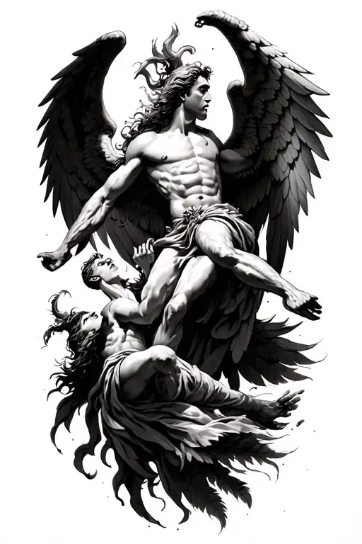 Arch Angel Michael Defeating Lucifer Falling Angel With Feathers Flying