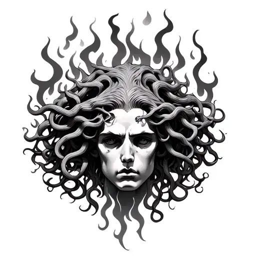 Medusa Head With Flames In The Background