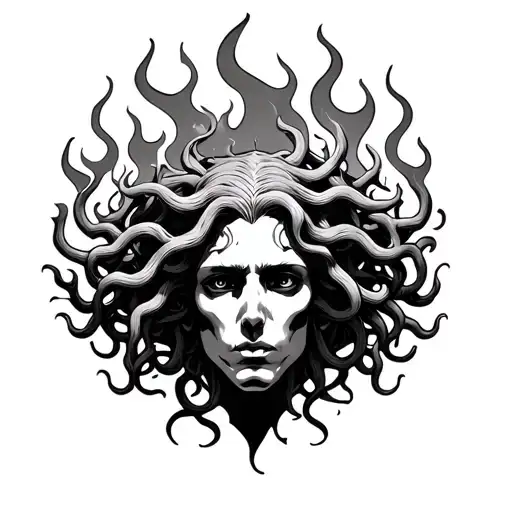 Medusa Head With Flames In The Background