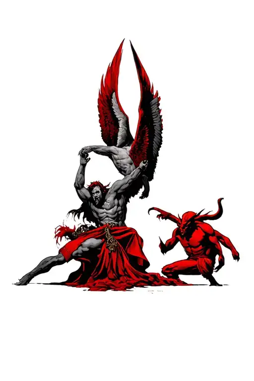 Arch Angel Michael Fighting Satan Red Black Color