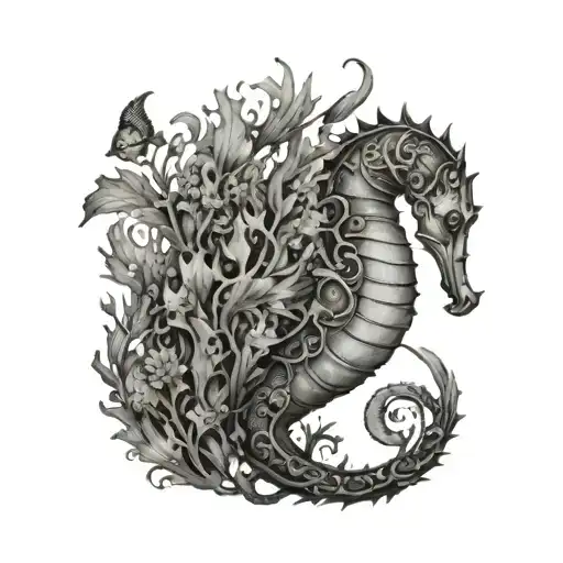 A Seahorse Wrapped In Delicate Seaweed And Surrounded By Tiny Fish