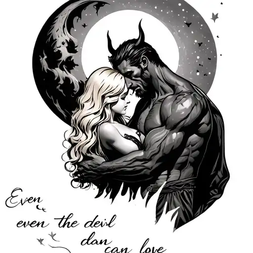 Devil Man Hugging Blonde Lady Moon Background Writing Saying Even The Devil Can Love