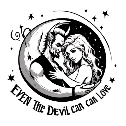 Devil Man Hugging Blonde Lady Moon Background Writing Saying Even The Devil Can Love