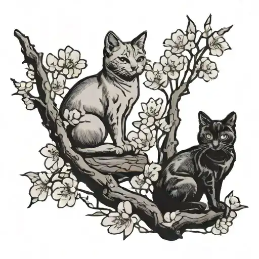 Two Cat Silhouettes In Cherry Blossom Tree
