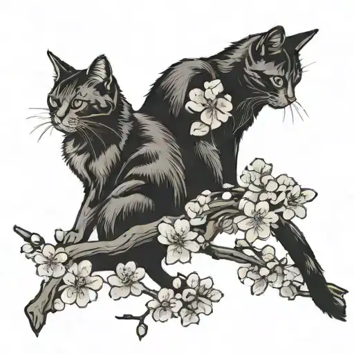 Two Cat Silhouettes In Cherry Blossom Tree Black