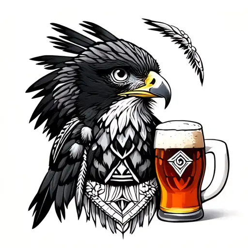 Totem Native American With Falcon Beer And Chouette